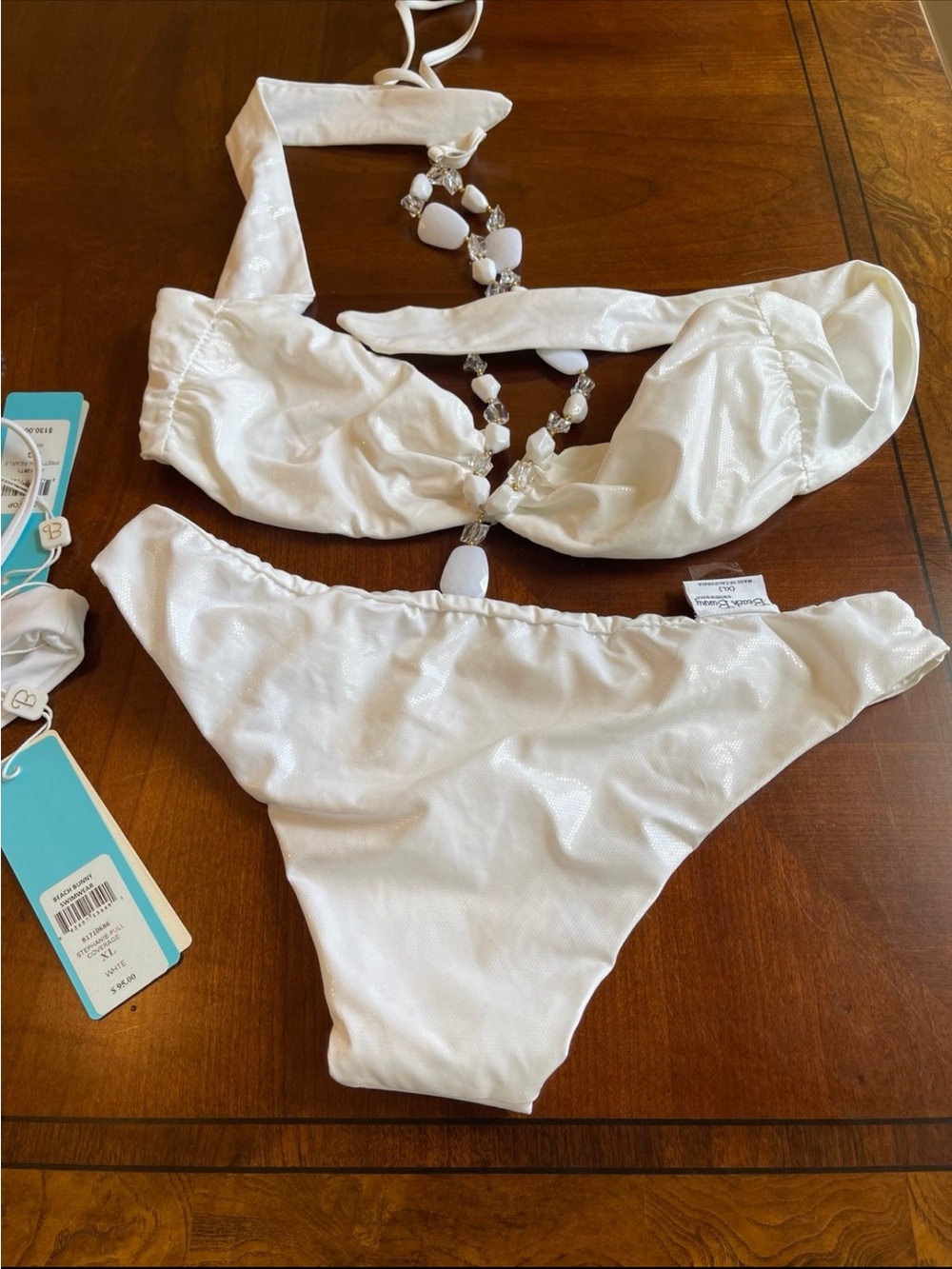 NWOT large top, XL bottoms halter white beaded bikini mermaid bikini - Picture 6 of 8